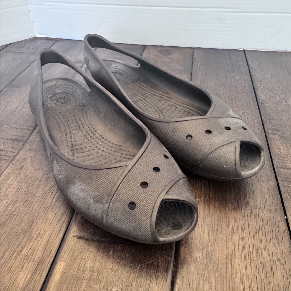 Crocs Farrah Flats Womens 9 Brown Slingback Slip On Peep Toe Ballet Comfort